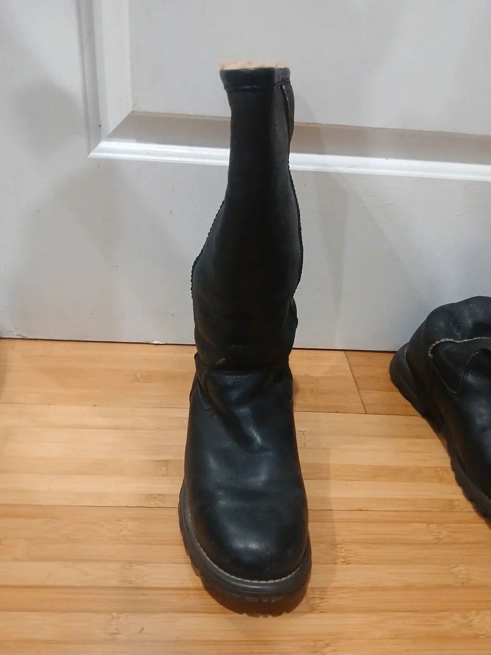 UGG Black Tall Leather Winter Boots with Shearling Trim